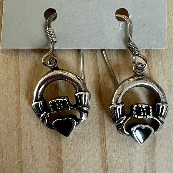 Sterling Silver Claddagh Earrings with Black Onyx Hearts - Picture 5 of 8